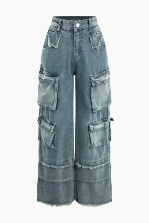 Frayed Pocket Cargo Wide Leg Jeans>MICAS Hot