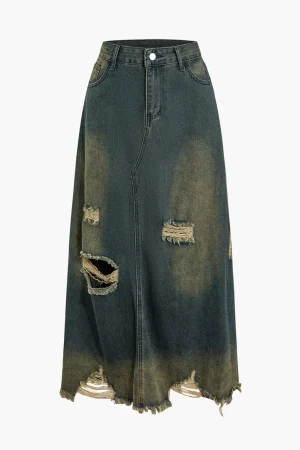 Frayed Cut Out Button Washed Denim Skirt>MICAS Outlet