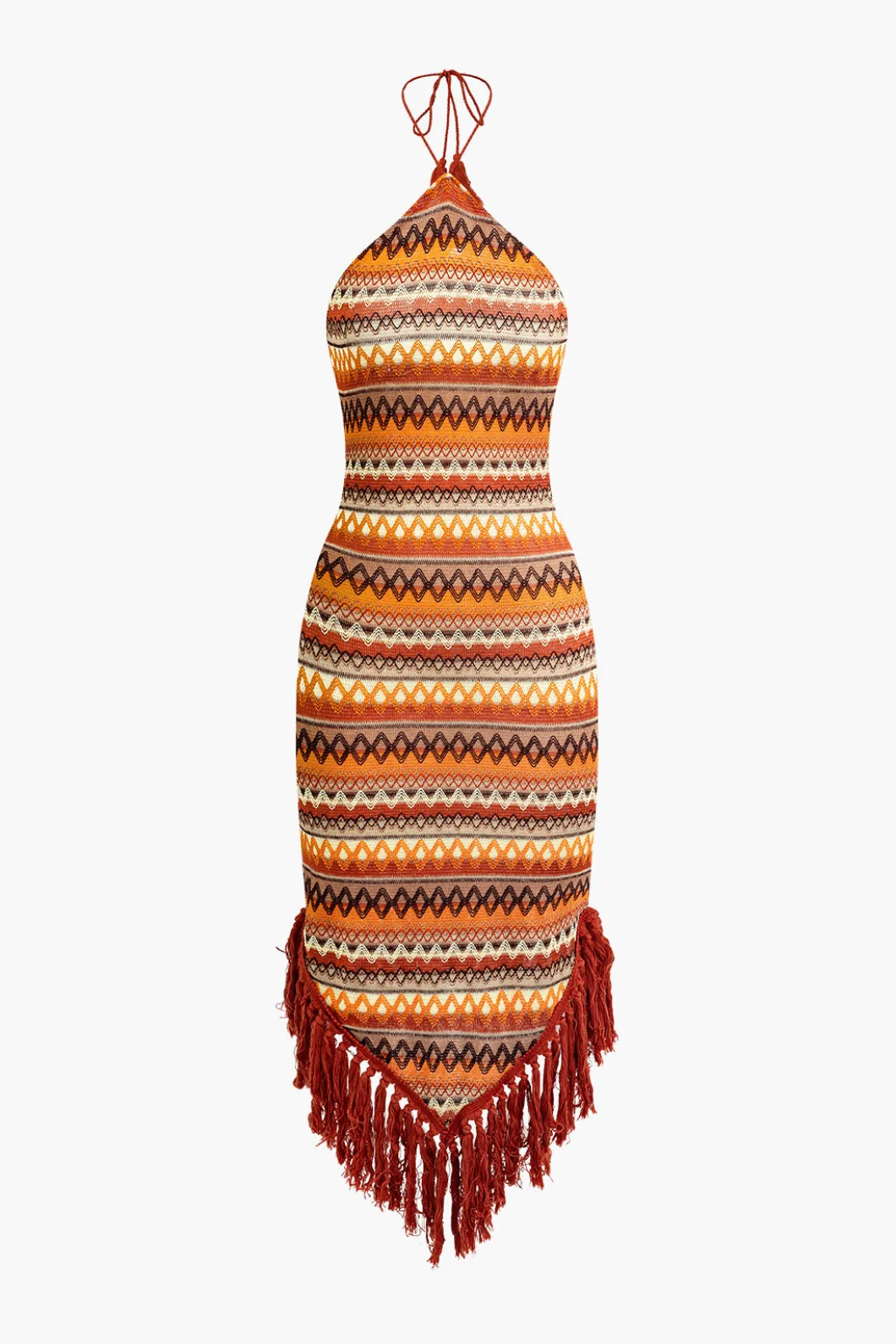 Fringe and Colorful Pattern Bohemian Halter Midi Dress>MICAS Sale