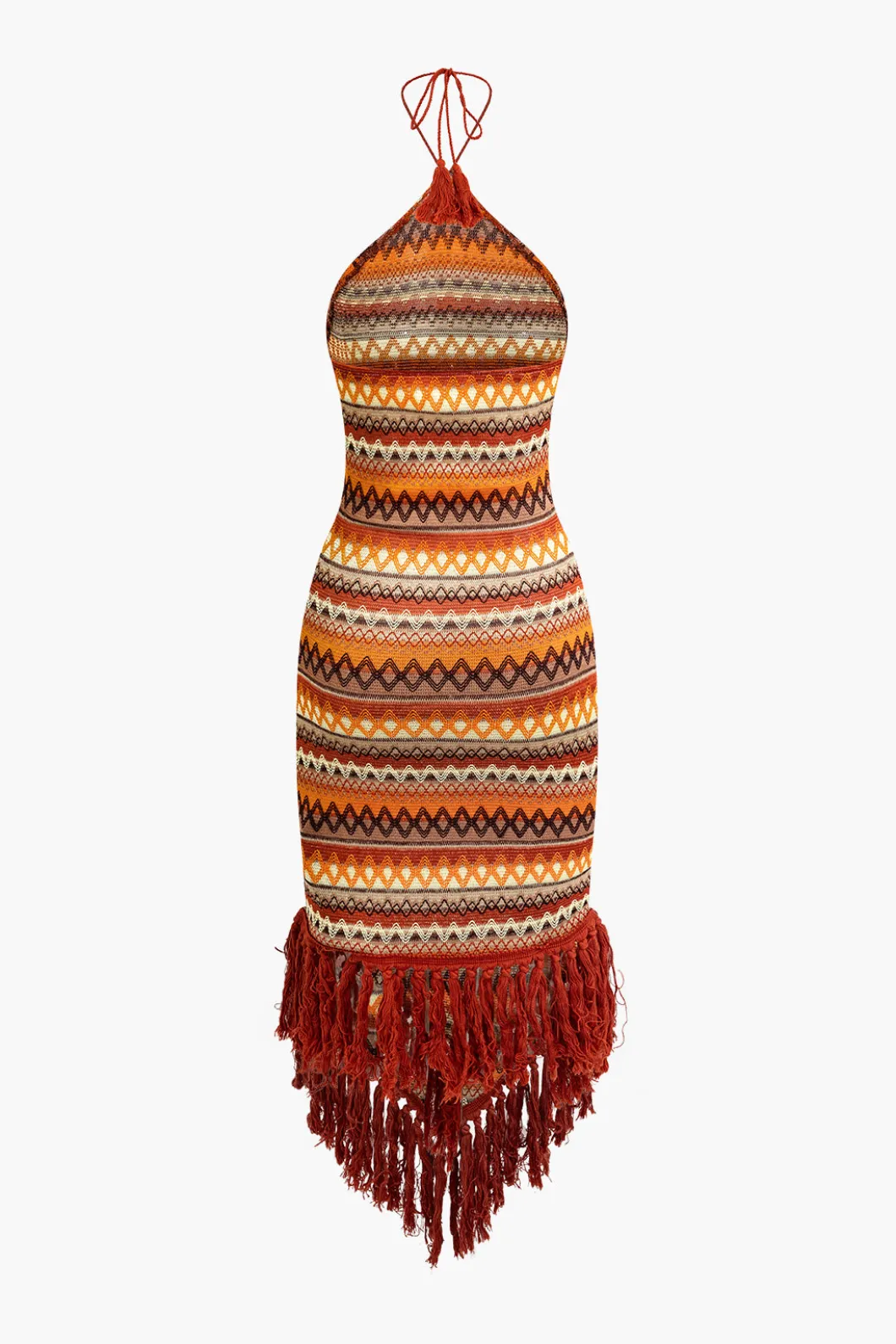 Fringe and Colorful Pattern Bohemian Halter Midi Dress>MICAS Sale