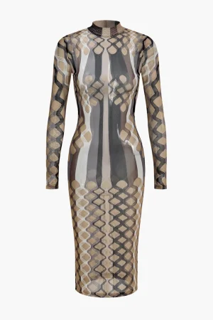 Geometric Print Sheer Mesh Long Sleeve Midi Dress>MICAS Best
