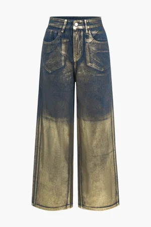 Glitter Metallic Foil Wide Leg Jeans>MICAS Online