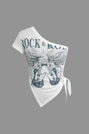 Guitar Print One Shoulder Knot Side Tank Top>MICAS Sale