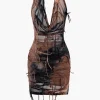 Halter Backless Distressed Mini Dress>MICAS Fashion