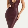 Halter Faux Leather Lace-Up Midi Dress>MICAS New
