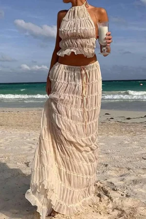 Halter Neck Tie Ruched Backless Ruffle Skirt Set>MICAS Best