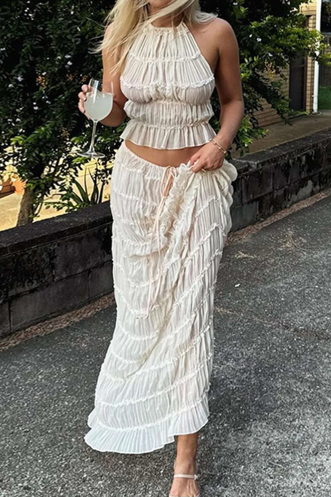 Halter Neck Tie Ruched Backless Ruffle Skirt Set>MICAS Best