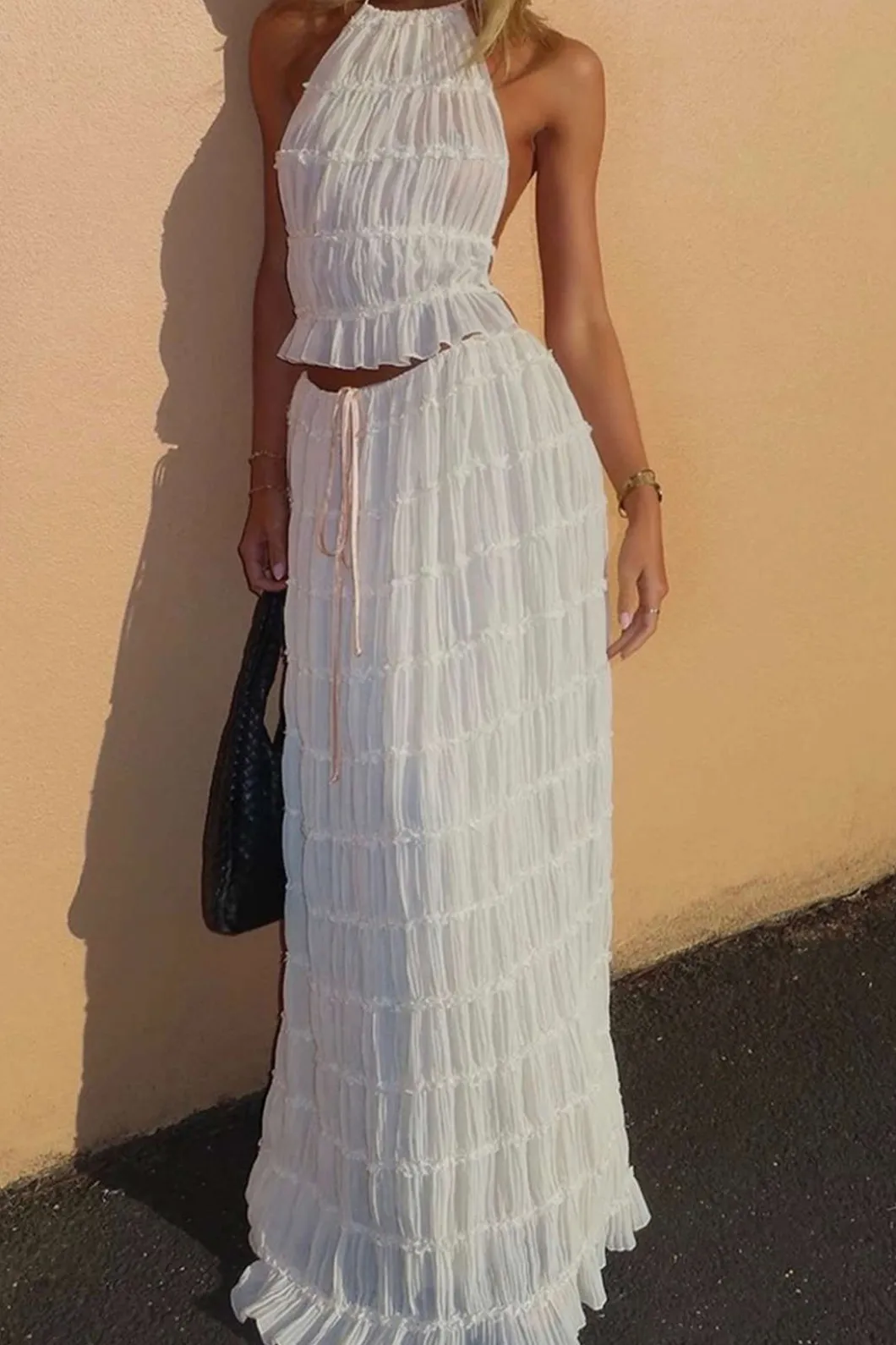 Halter Neck Tie Ruched Backless Ruffle Skirt Set>MICAS Best