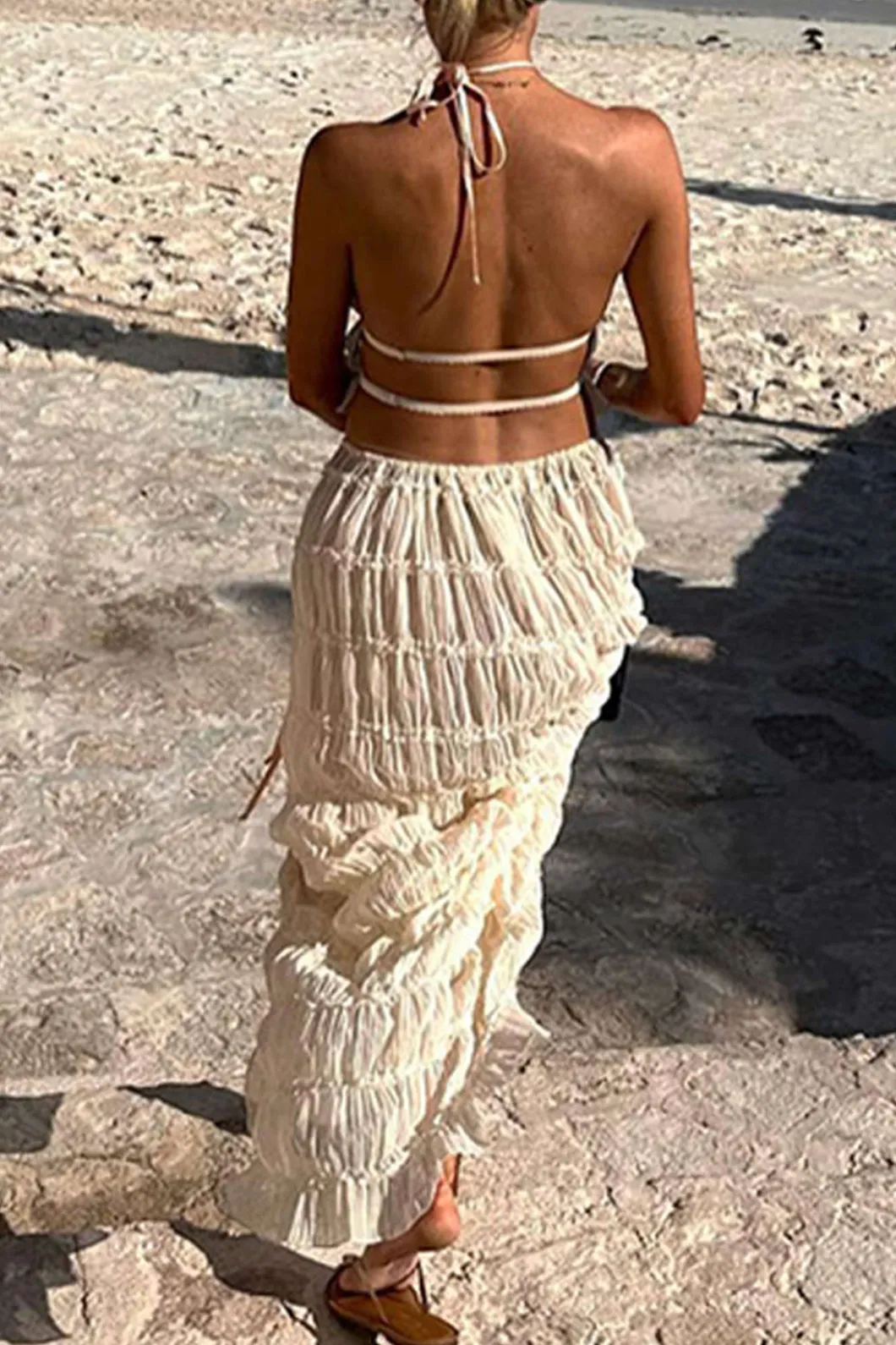 Halter Neck Tie Ruched Backless Ruffle Skirt Set>MICAS Best