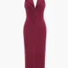 Halter V-neck Sleeveless Midi Dress>MICAS Discount