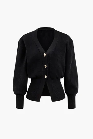 Heart Button Balloon Sleeve Sweater Cardigan>MICAS Fashion