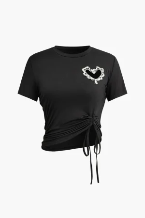 Heart Rhinestone Hollow Out Drawstring Ruched T-shirt>MICAS Discount