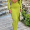 Hollow Out Long Sleeve Knit Maxi Dress With Bra Set>MICAS New