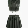 Hooded Crop Top And Drawstring Pleated Mini Skirt Set>MICAS Outlet