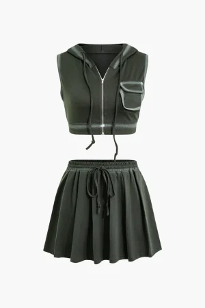 Hooded Crop Top And Drawstring Pleated Mini Skirt Set>MICAS Outlet