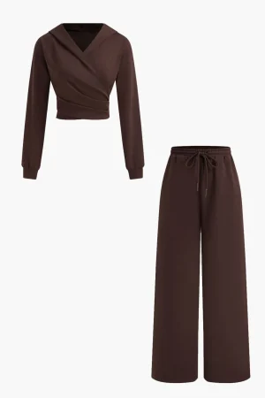 Hooded Ruched Cropped Top And Drawstring Straight Leg Pants Set>MICAS Clearance