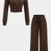 Hooded Ruched Cropped Top And Drawstring Straight Leg Pants Set>MICAS Clearance