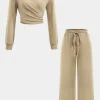 Hooded Ruched Cropped Top And Drawstring Straight Leg Pants Set>MICAS Clearance