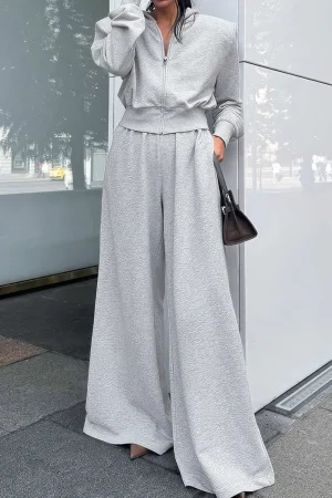 Hooded Zipper Detail Top And Wide Leg Trousers Set>MICAS New