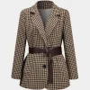 Houndstooth Notched Lapel Belted Blazer>MICAS Fashion