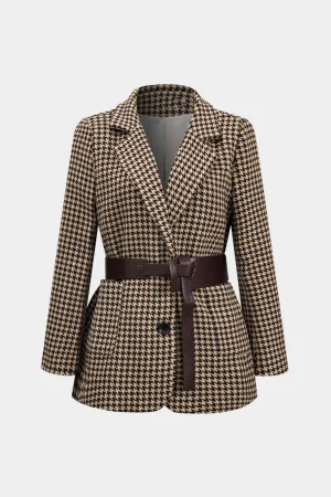 Houndstooth Notched Lapel Belted Blazer>MICAS Fashion