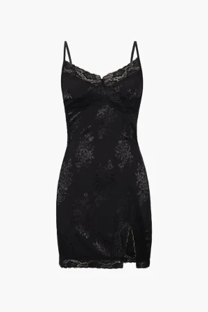 Jacquard Satin Lace Split Mini Dress>MICAS Best