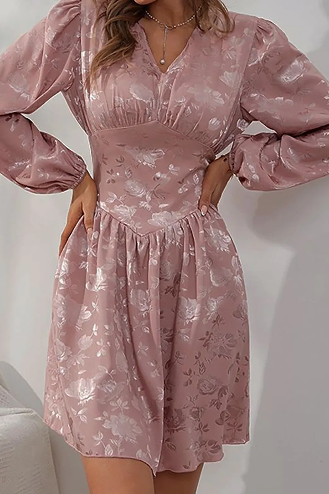 Jacquard Satin V Neck Buttons Long Sleeve Mini Dress>MICAS Discount