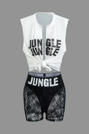 Jungle Print Knot Sleeveless Top And Lace Shorts Set>MICAS Best