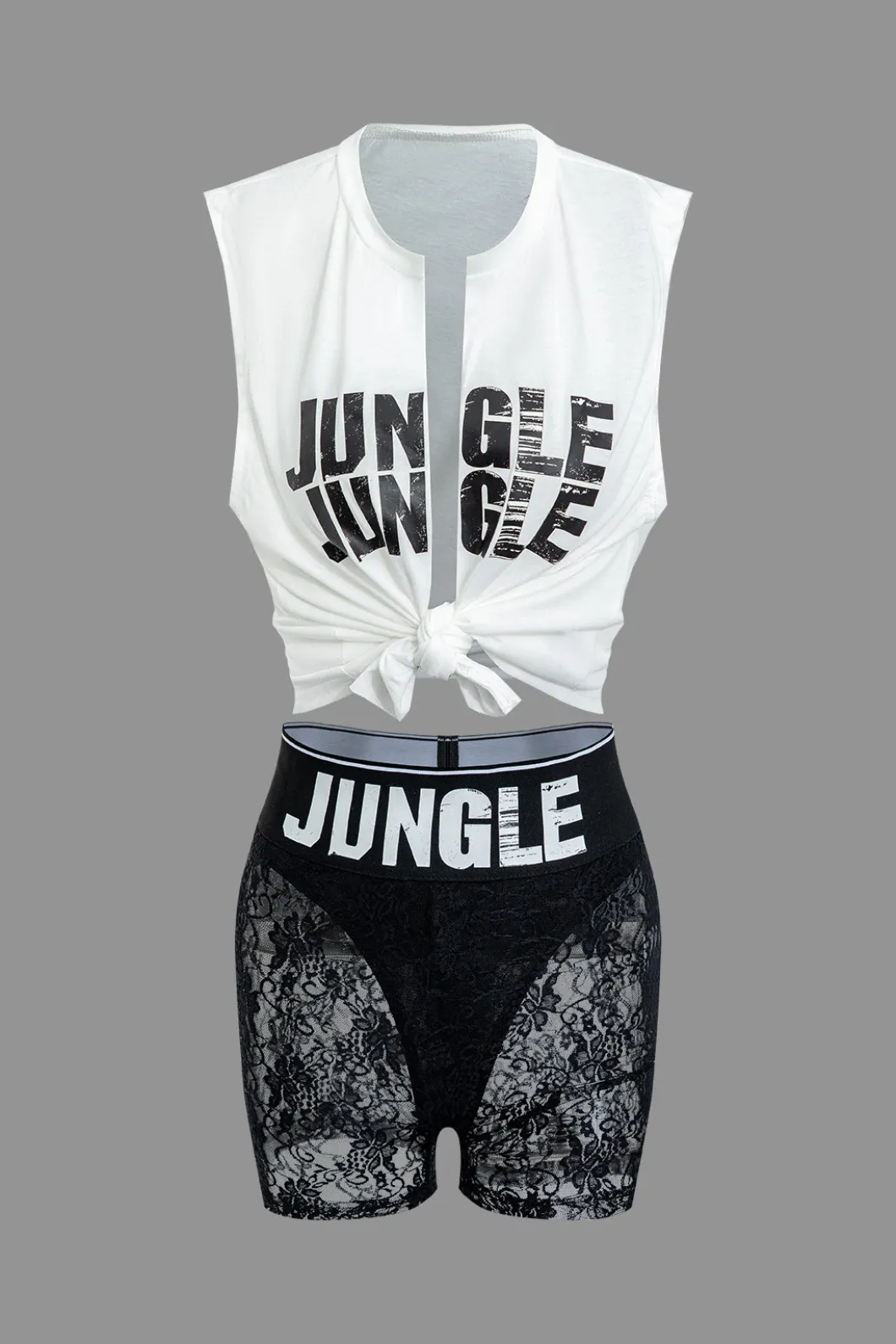 Jungle Print Knot Sleeveless Top And Lace Shorts Set>MICAS Best