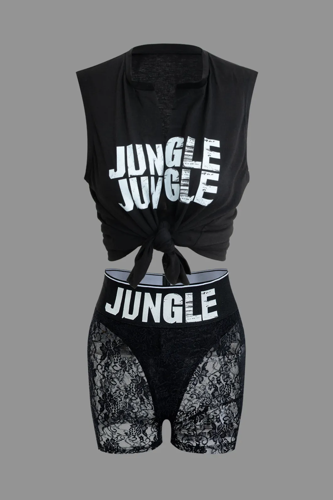 Jungle Print Knot Sleeveless Top And Lace Shorts Set>MICAS Best