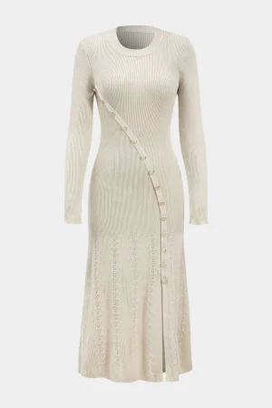 Knit Asymmetric Button Long Sleeve Dress>MICAS Online