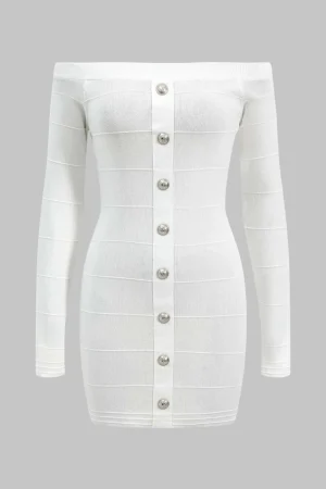 Knit Button Off Shoulder Long Sleeve Dress>MICAS Outlet