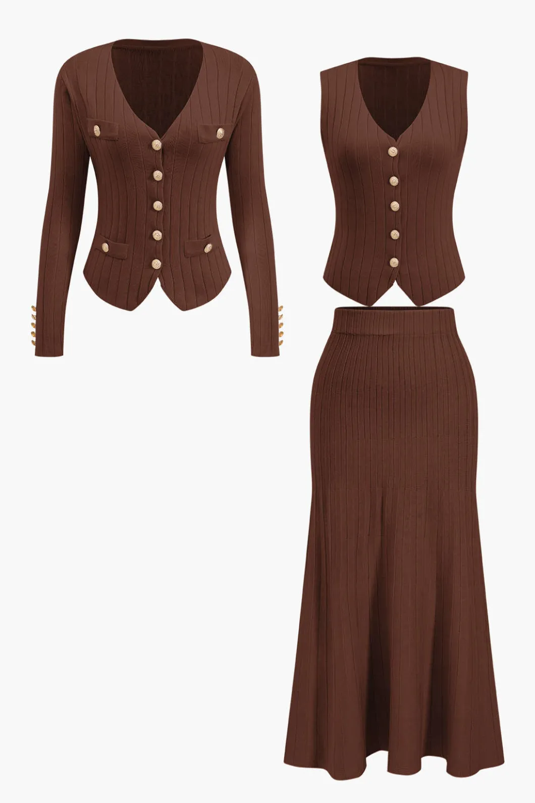 Knit Button Vest And Cardigan And Skirt Set>MICAS Outlet