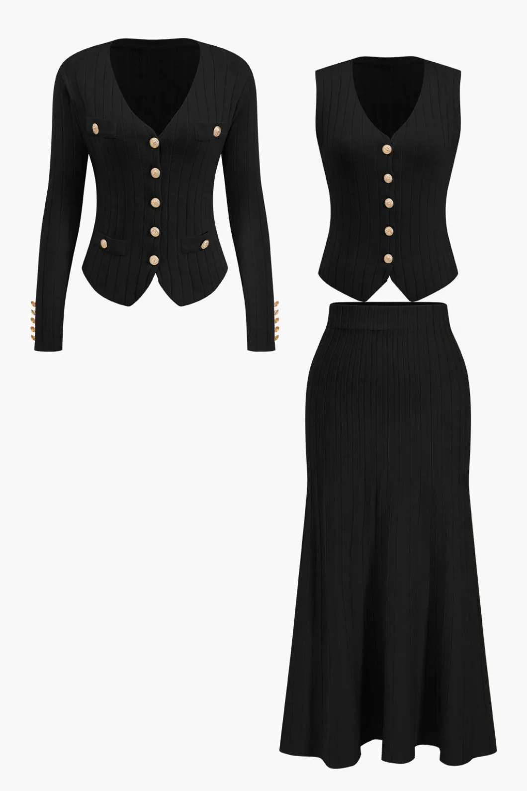 Knit Button Vest And Cardigan And Skirt Set>MICAS Outlet