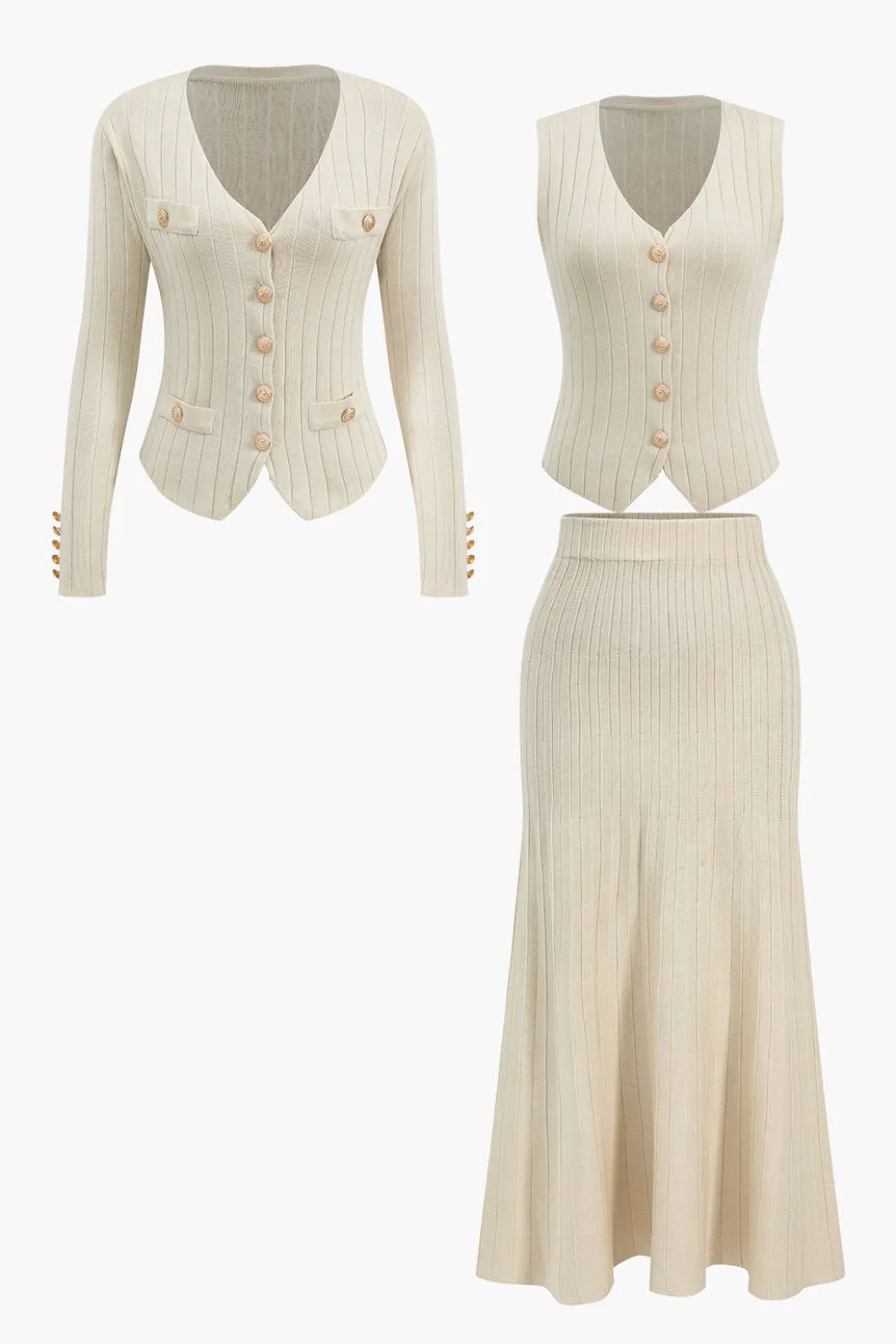 Knit Button Vest And Cardigan And Skirt Set>MICAS Outlet