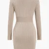 Knit Button V-Neck Hollow Out Long Sleeve Dress>MICAS Online