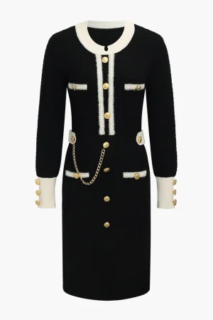 Knit Chain Button Long Sleeve Dress>MICAS Best
