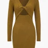 Knit Cut Out Twist Knot V-Neck Long Sleeve Dress>MICAS Fashion