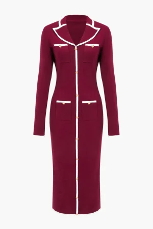 Knit Long Sleeve Button Pocket Dress>MICAS Clearance