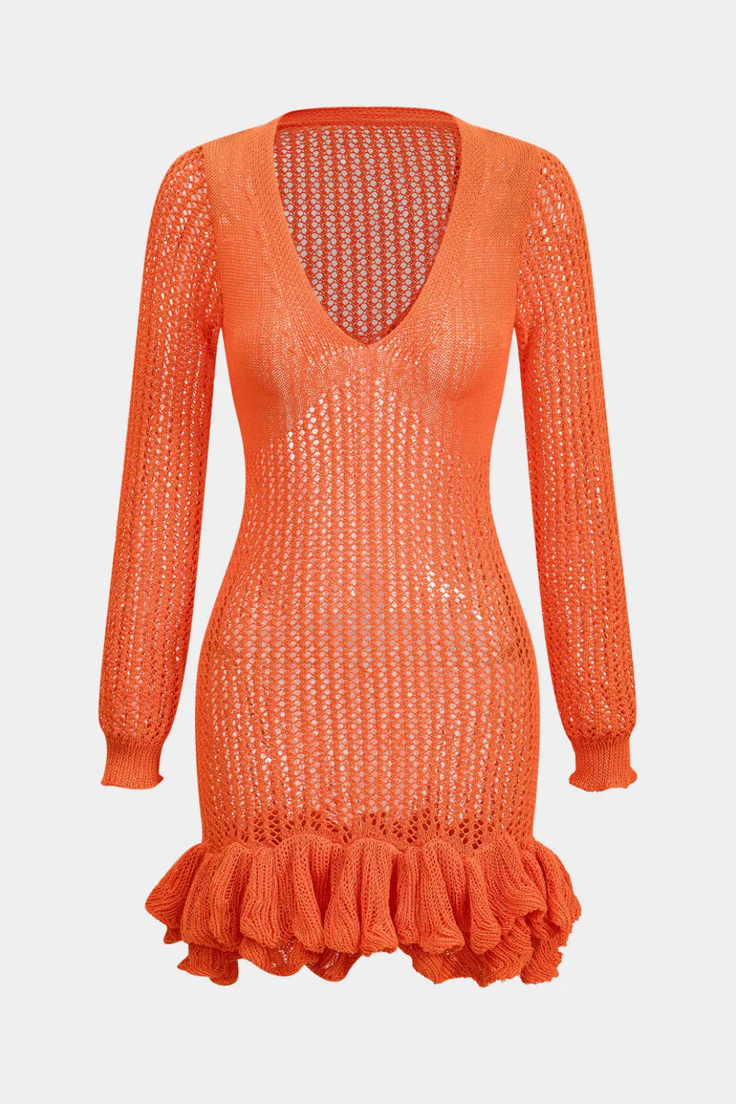 Knit Mesh Scallop Edge Long Sleeve Dress>MICAS New