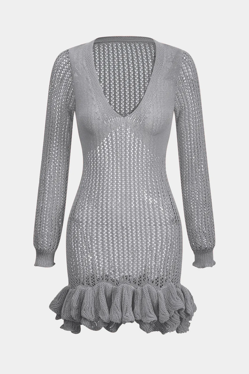 Knit Mesh Scallop Edge Long Sleeve Dress>MICAS New