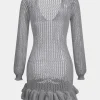 Knit Mesh Scallop Edge Long Sleeve Dress>MICAS New