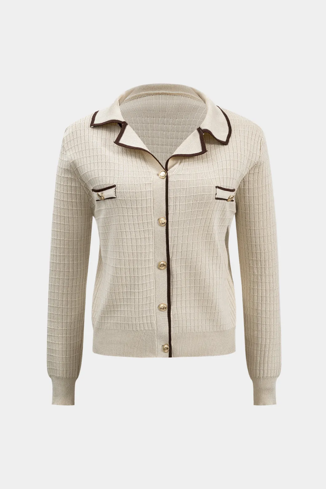 Knit Metallic Button Fake Pocket Long-Sleeve Top And Skirt Set>MICAS New