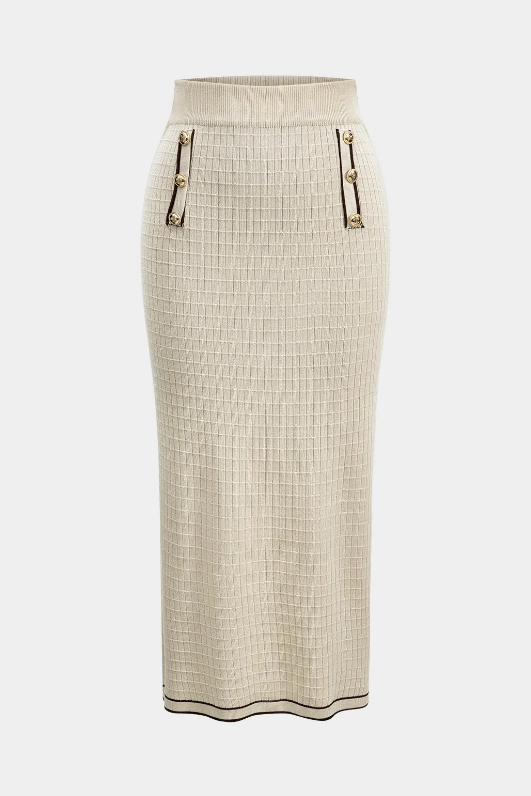 Knit Metallic Button Fake Pocket Long-Sleeve Top And Skirt Set>MICAS New