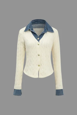 Knit Patchwork Denim Long-Sleeve Top>MICAS Hot