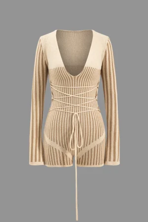 Knit Patchwork Tie-Up V-Neck Long Sleeve Romper>MICAS Sale