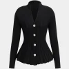 Knit Pleated Crystal Button Long-Sleeve Top>MICAS Best