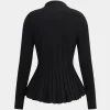 Knit Pleated Crystal Button Long-Sleeve Top>MICAS Best