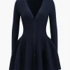 Knit Puff Hem Long Sleeve V-neck Dress>MICAS Outlet