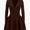 Knit Puff Hem Long Sleeve V-neck Dress>MICAS Outlet